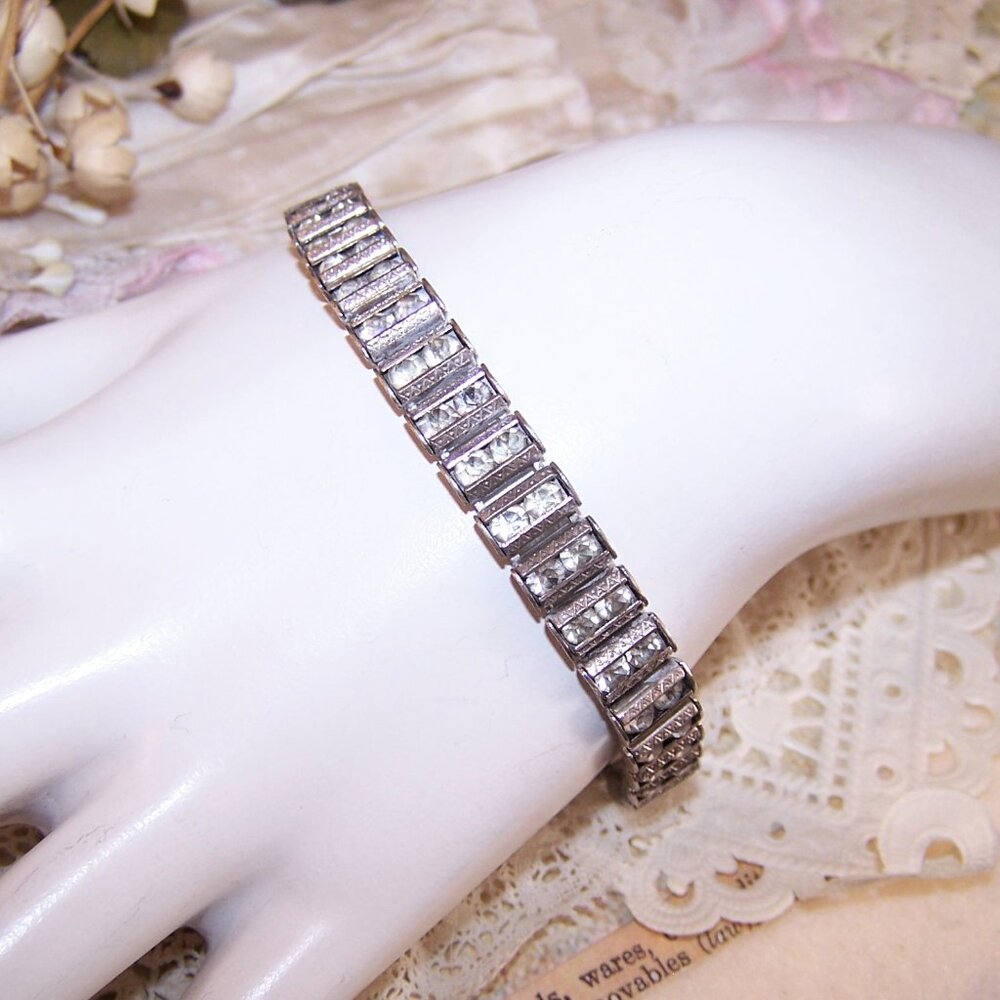 Art Deco Catamore Sterling Silver Rhinestone Line Bracelet - 7" Long